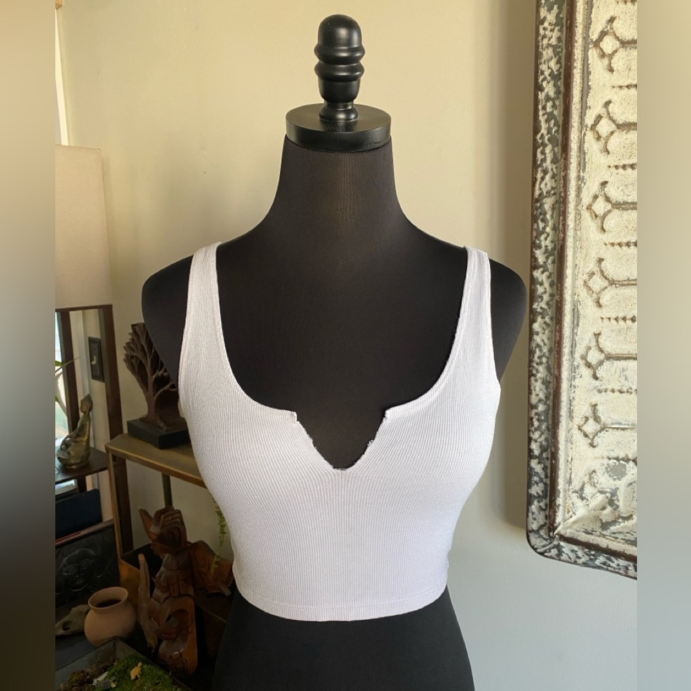 Joah Brown White Ribbed Notch-Neck Tank Crop